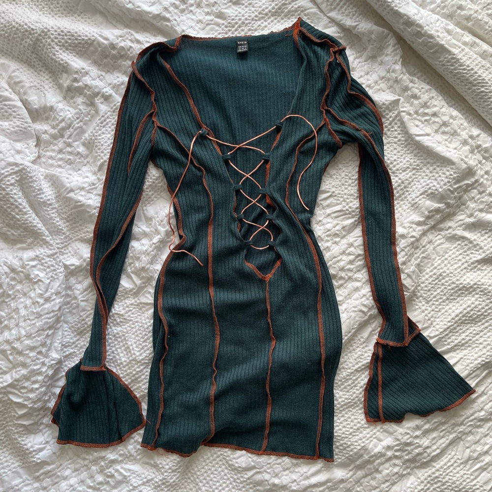 Shein Green and Orange Lace Up Dress